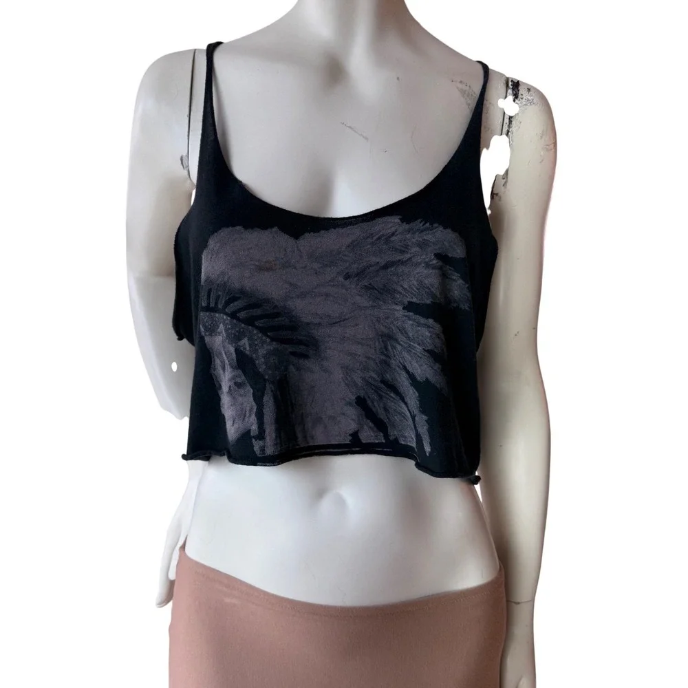 Brandy Melville Black Crop Tank Feather Graphic Grunge Gothcore Cami Boho Y2K OS - Picture 1 of 13